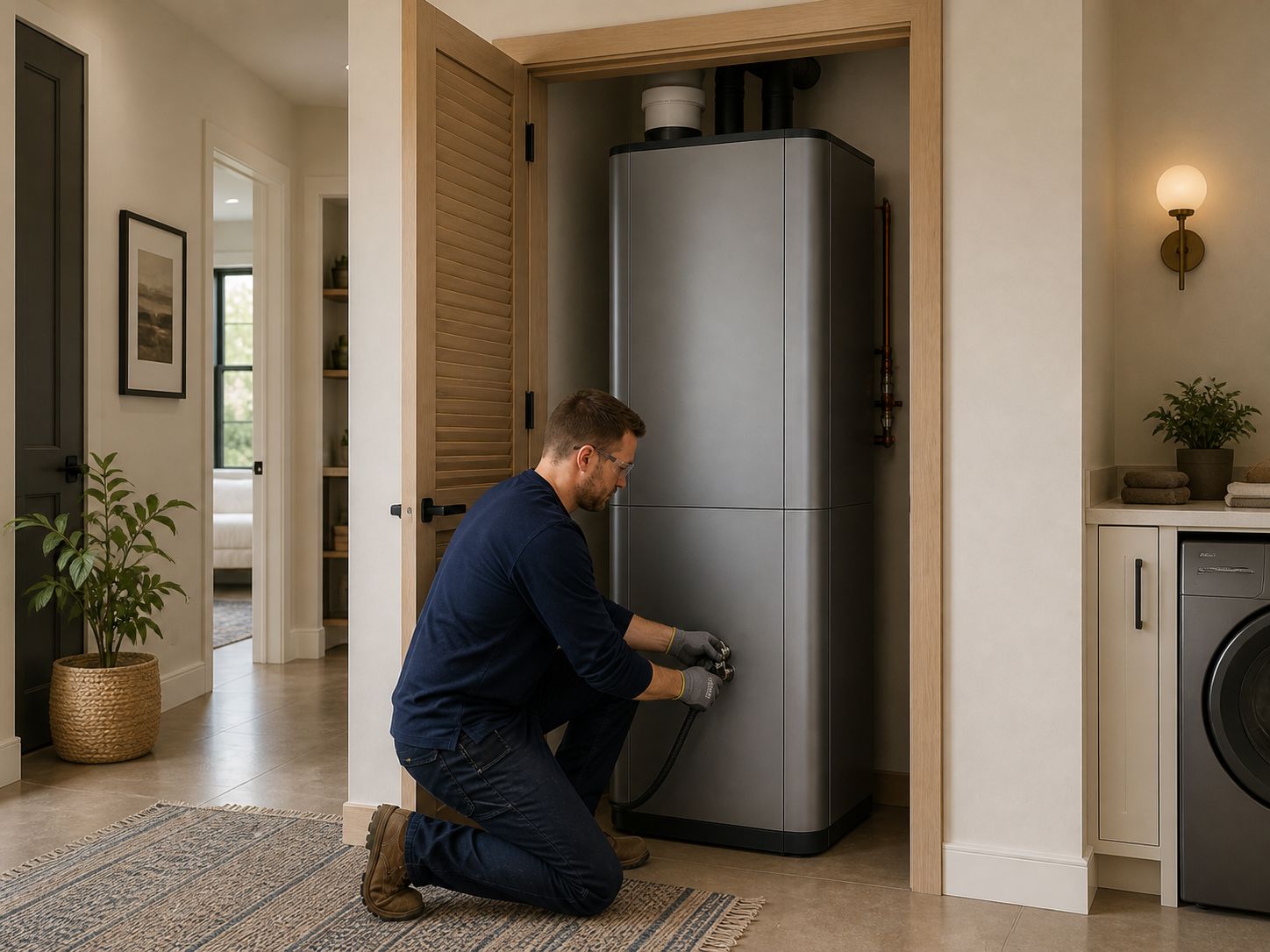 A technician installing a refrigerator-sized Ambino appliance inside a modern home closet