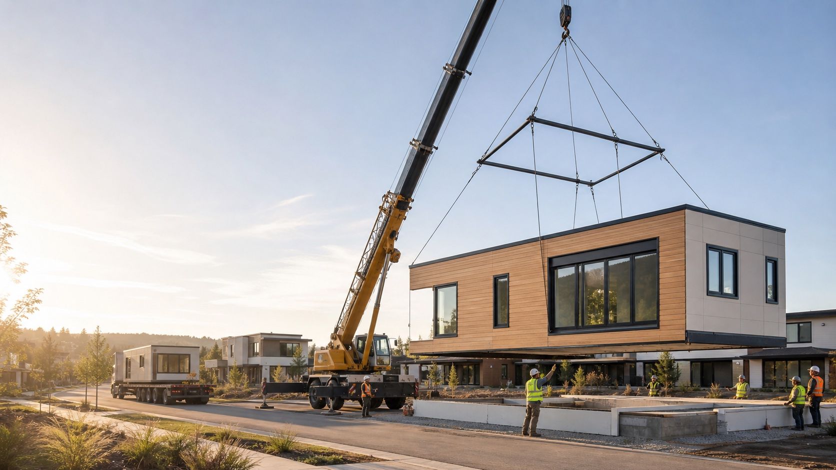 A finished factory-built home module being installed by crane in a new neighborhood