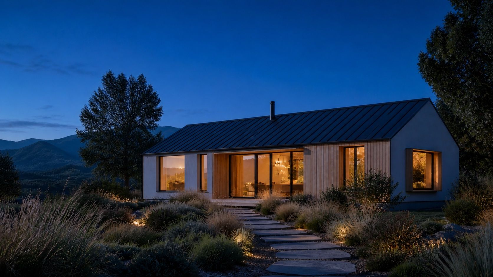 The same compact modern home warmly lit at blue hour