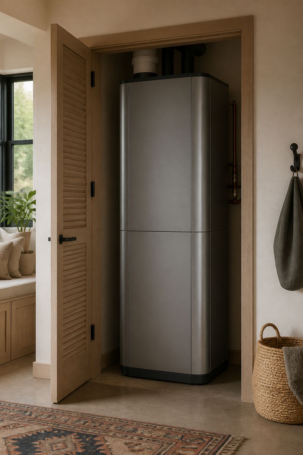 A gray metallic-polymer Ambino home climate appliance installed in a modern home's utility closet