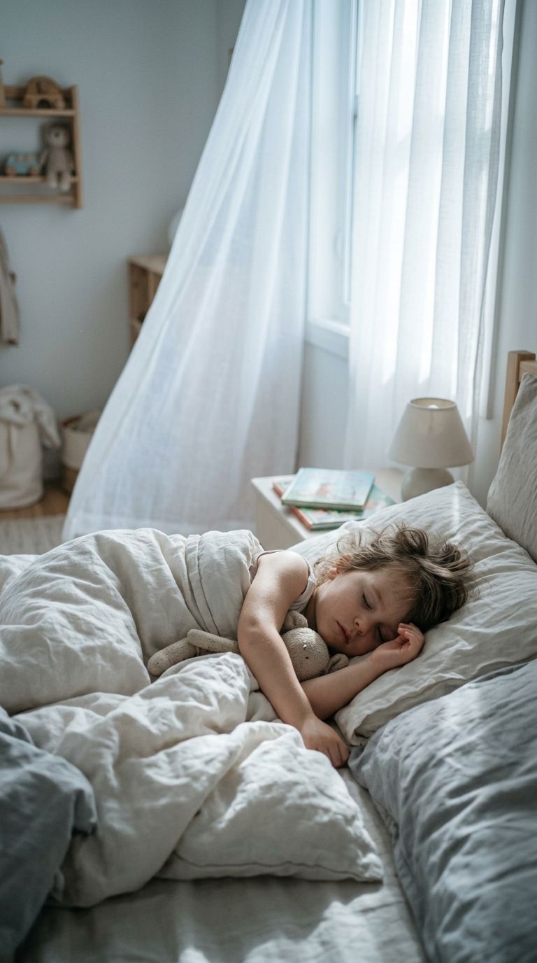 A child sleeping in a bright bedroom with soft curtains beside the window