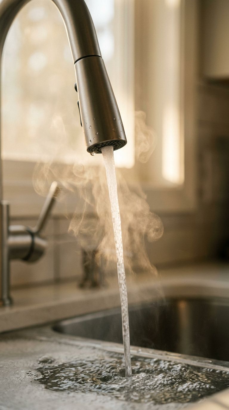 Steaming hot water flowing from a kitchen faucet