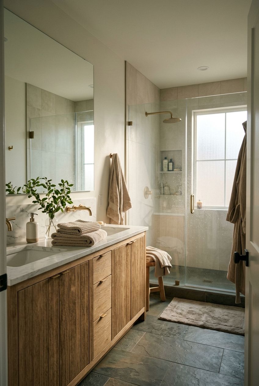 A bright, dry bathroom with a glass shower and neatly folded towels