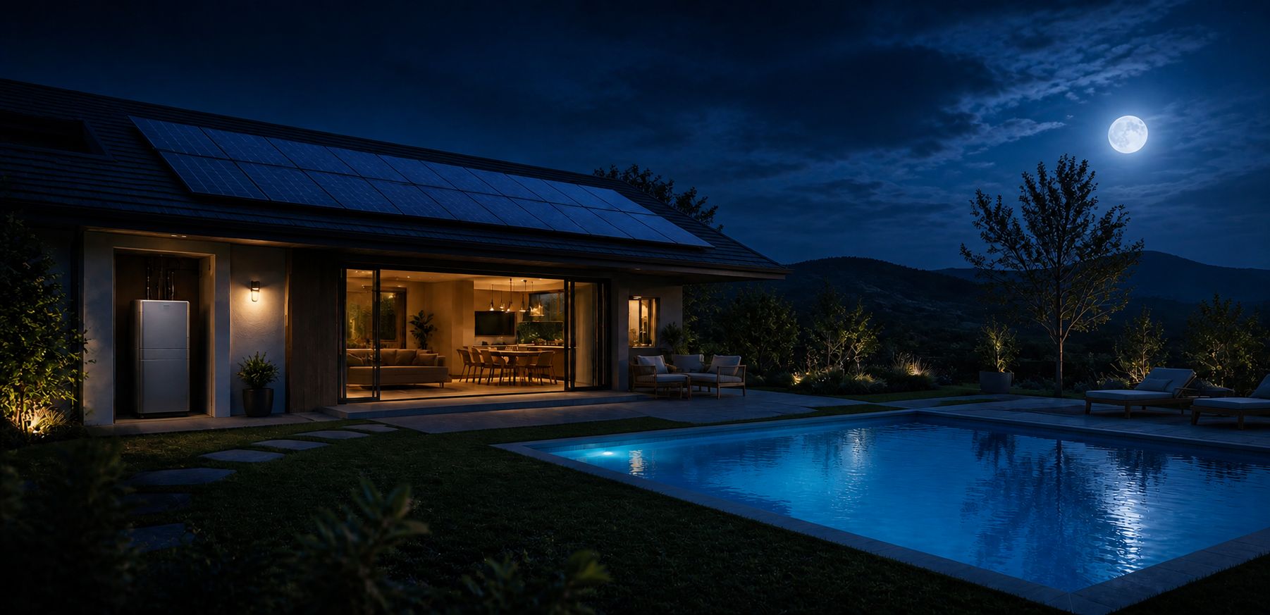 A modern home using rooftop solar and a swimming pool as everyday thermal resources at night