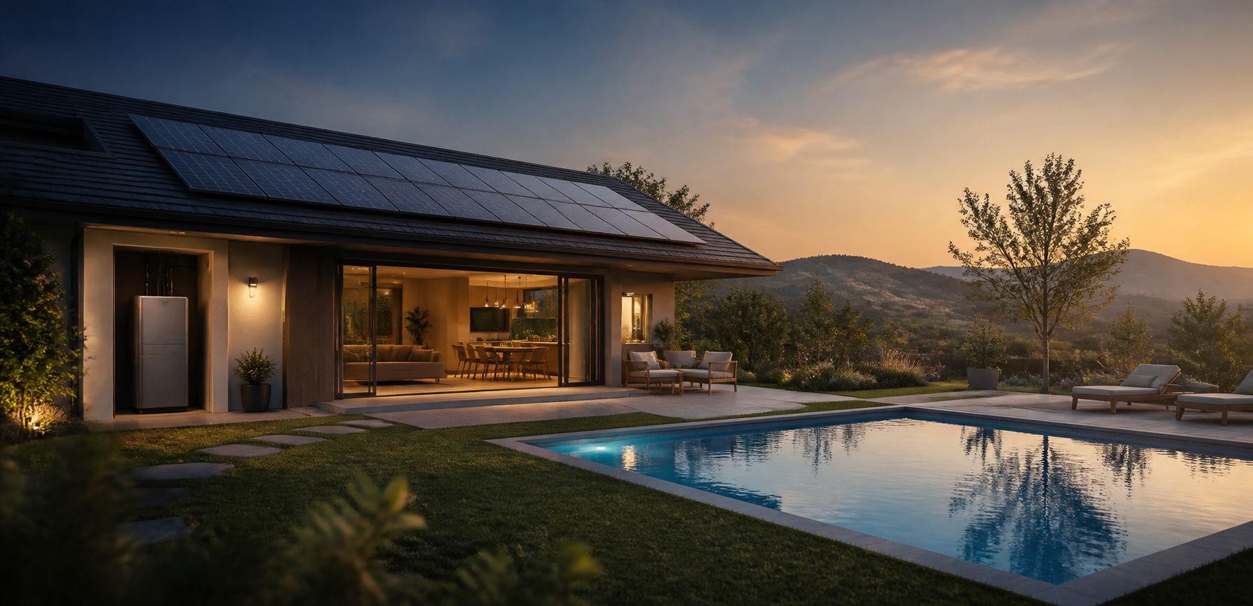 A modern home using rooftop solar and a swimming pool as everyday thermal resources
